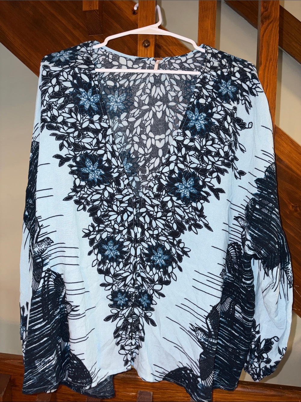 Free People Floral Bird Print Boho Blouse Blue Black Cream Size L
